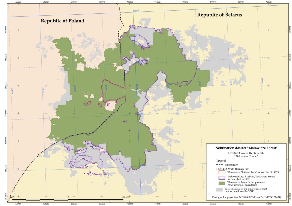 Mappa dell'estensione della foresta di Białowieża (UNESCO)